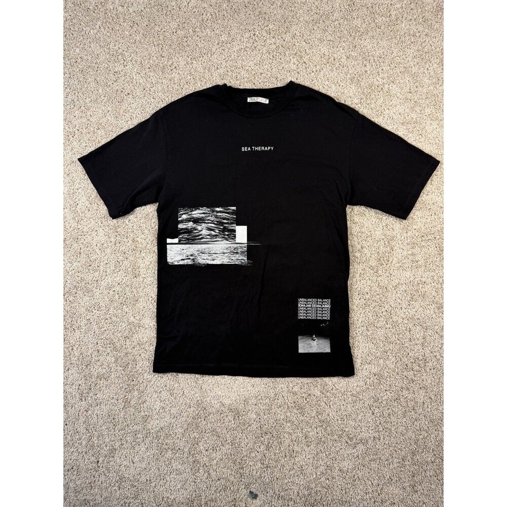 ZARA Mens Small Black Sea Therapy Graphic Print Short Sleeve Crew Neck T-Shirt